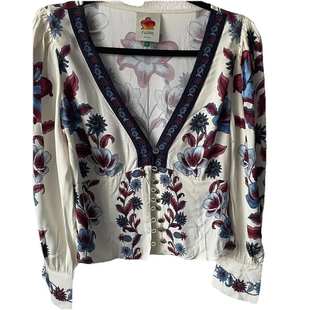 New Farm Rio Floral V-Neck Button Front Puff Sleeve Malu Blouse Top Size Small